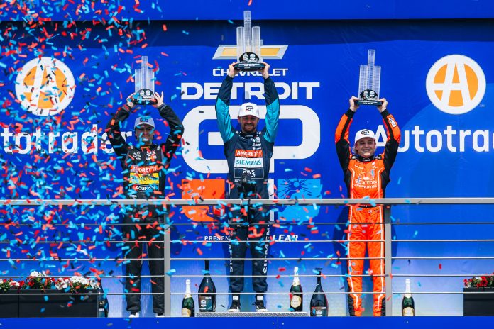 Kyle Kirkwood celebrates during his win at the Detroit Grand Prix.